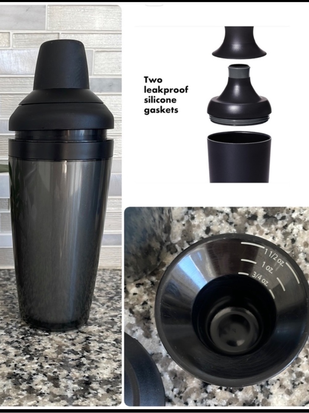 Cocktail Shaker Black Gray 20 oz 590 mL Leakproof Silicone Gasket NWOT